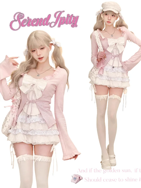 New Pink Sakura Suit (Cardigan + Suspenders) Elegant Classic Vintage