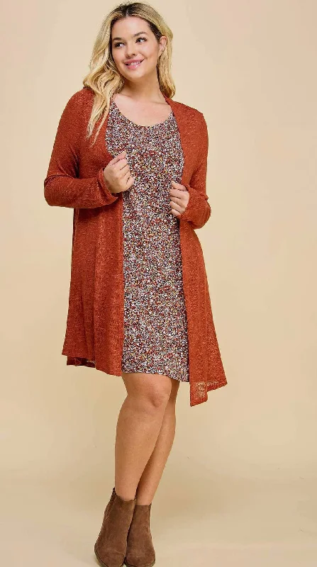 Dress - A Line Floral Pattern Dress With Cardigan Set, Rust,  Also Plus Size Mesh Fabric Canvas Fabric Denim Fabric