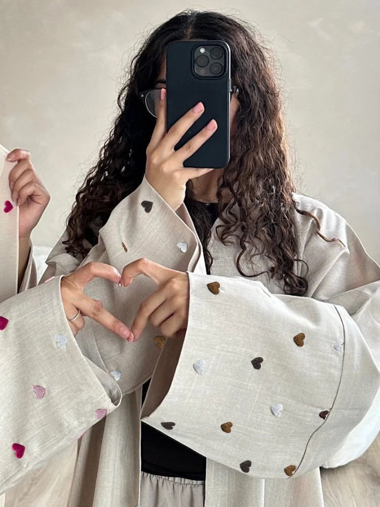 Getadme Love Heart Embroidery Muslim Abaya for Women Eid Dress Morocco Ramadan Lace-up Abayas Kaftan Islam Cardigan Dubai Arab Long Robe Handmade Hand-knitted Hand-woven