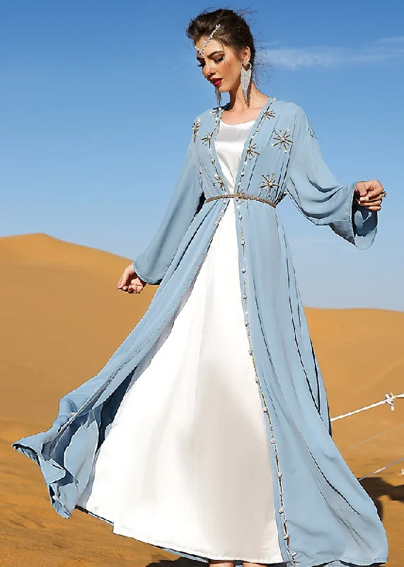 DIY Light Blue V Neck Embroideried Button Maxi Holiday Silk Cardigans Fall Neon metallic Matte