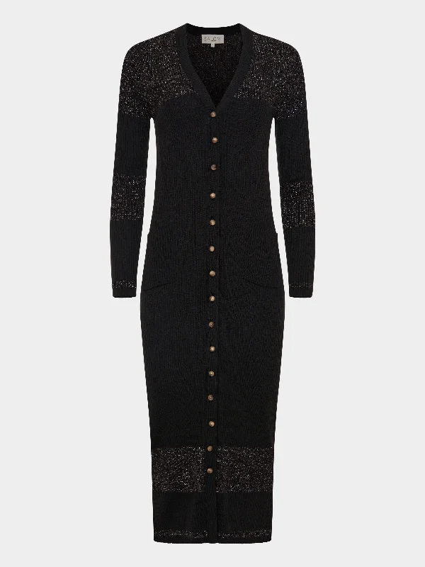 Venyx Long Rib Cardigan Dress in Black Gold Houndstooth Herringbone Solid