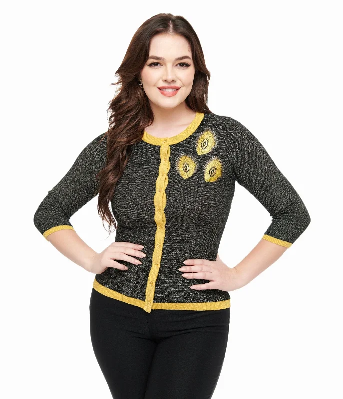 Unique Vintage 1950s Black & Gold Peacock Feather Embroidered Bookworm Cardigan Tailored Straight A-Line