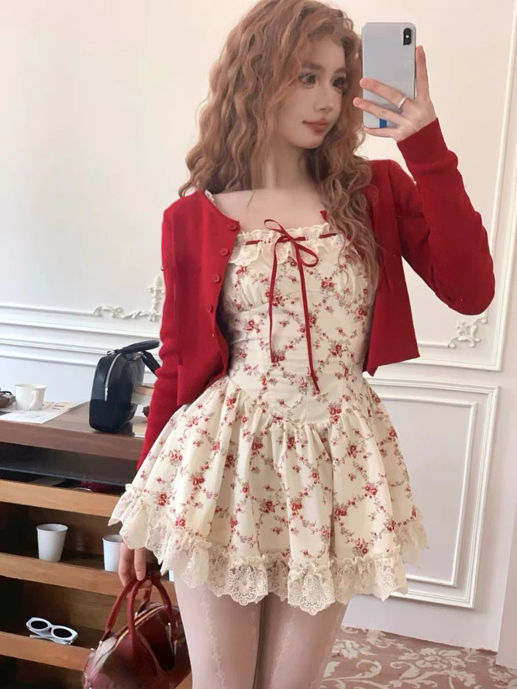 GETADME 2025 New Sweet Floral Dress Set Woman Casual Red Short Cardigan Elegant Lace Y2k Mini Dress Beach Korean Fashion Clothing Suit Striped Floral Plaid GETADME 2025 New Sweet Floral Dress Set Woman Casual Red Short Cardigan Elegant Lace Y2k Mini Dress Beach Korean Fashion Clothing Suit Striped Floral Plaid