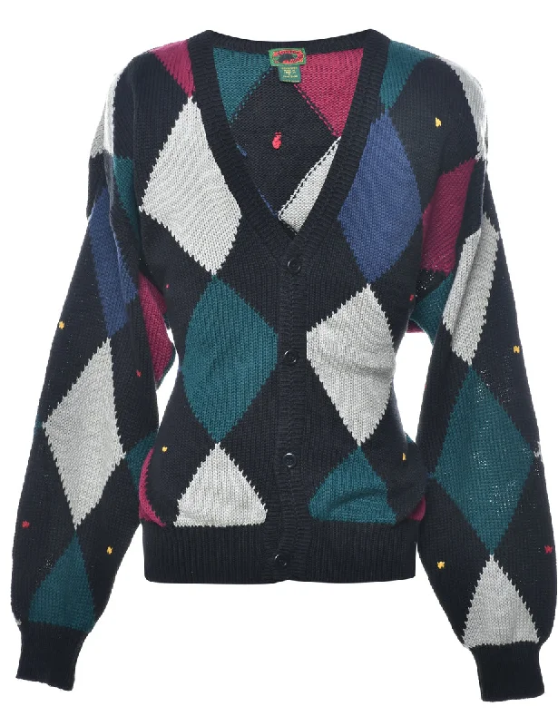 Argyle Knit Cardigan - L Herringbone Houndstooth Plaid