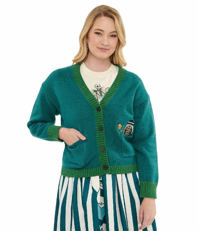 Time Burton's The Nightmare Before Christmas by Unique Vintage Teal Deadly Night Shade Cardigan Front Pockets Side Pockets Patch Pockets
