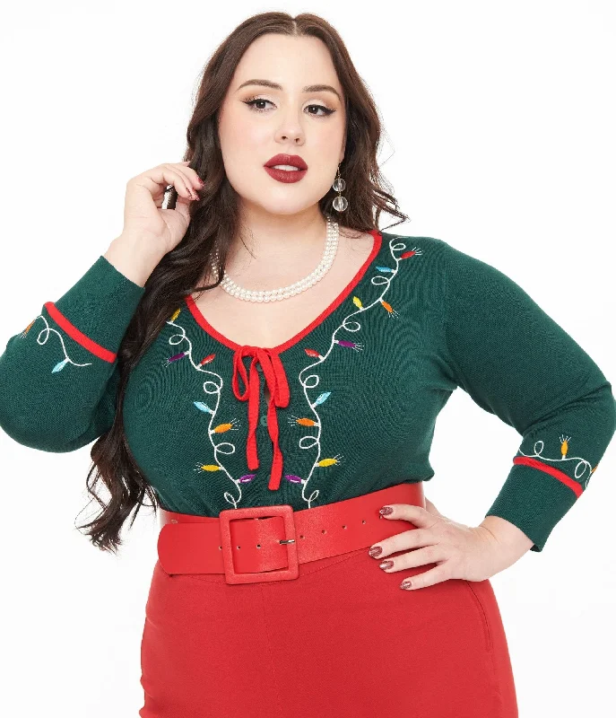 Unique Vintage Plus Size 1950s Green Holiday Lights Crop Cardigan Denim Fabric Leather Fabric Suede Fabric