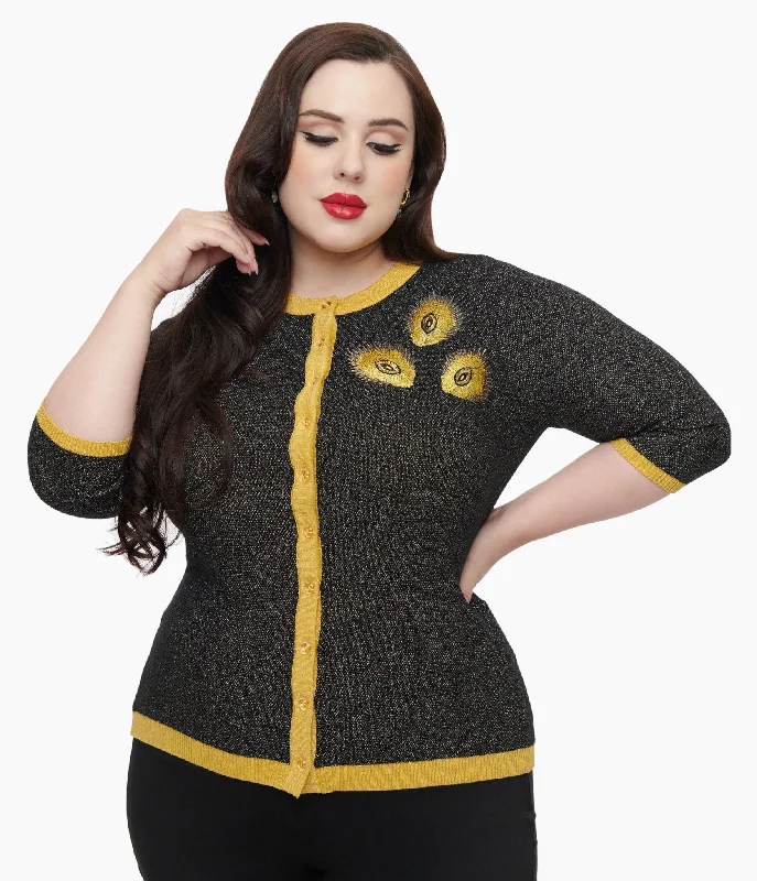 Unique Vintage Plus Size 1950s Black & Gold Peacock Feather Embroidered Bookworm Cardigan Boat Neck Shawl Collar Notched Collar