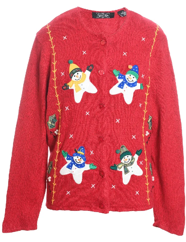 Snowman Design Red Embroidered Christmas Cardigan - XL Silk Blend Satin Velvet