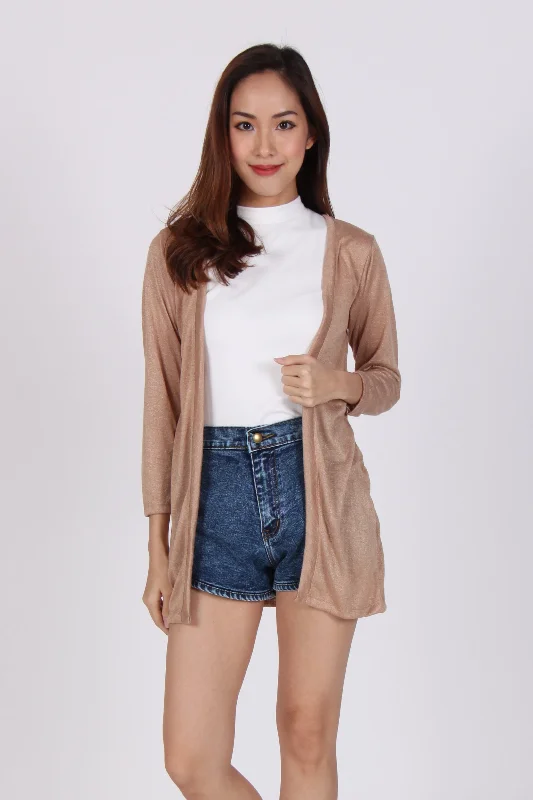 Quarter Sleeve Knit Cardigan In Beige Lightweight Heavyweight Midweight