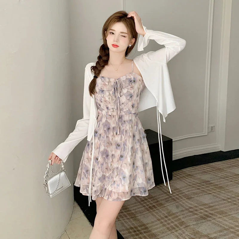 Large floral dress women's summer cardigan Slip dress two-piece suit LL-384 Button Cardigan Zip Cardigan Pullover Cardigan