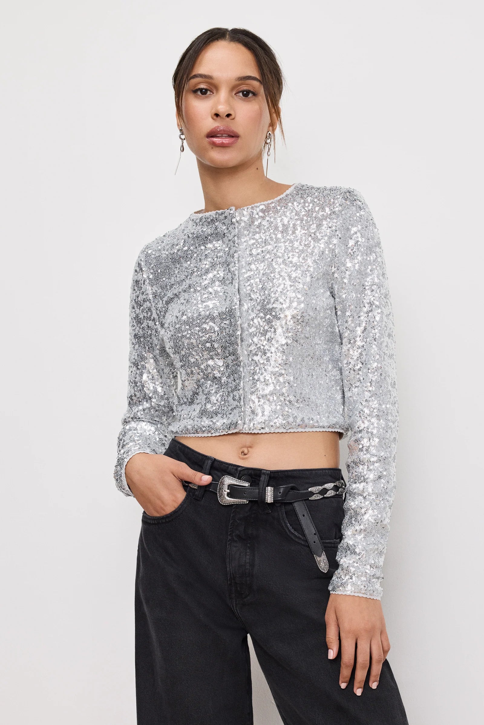 Good American SEQUIN CARDIGAN Metallic silver001 Collared Crew Neck Turtle Neck