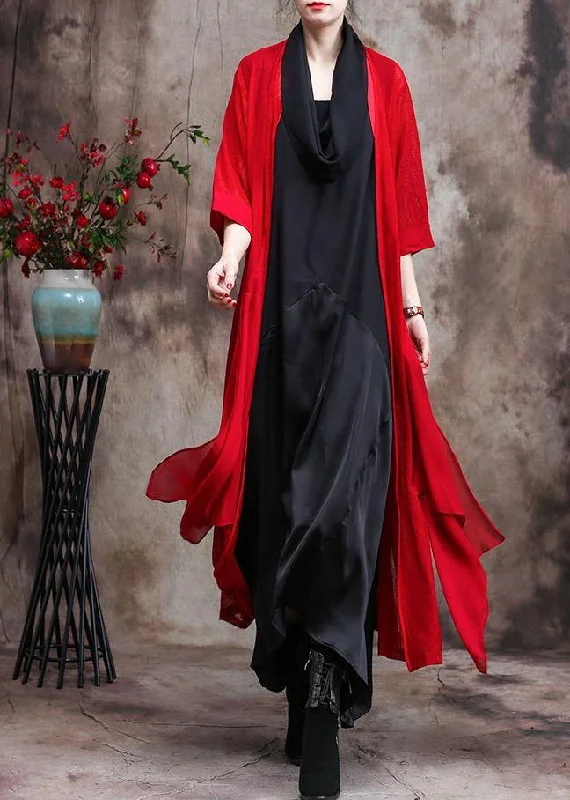 Red Quality Long Chiffon Cardigan Coats Photography Asymmetric Outwears Fleece Fabric Down Fabric Feather Fabric