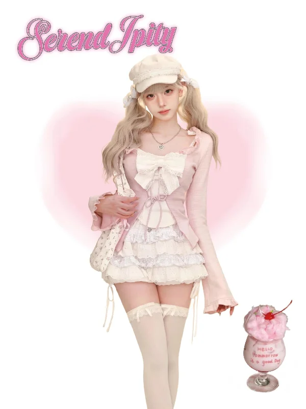 Sakura Girl Autumn New Style Suit Suspenders + White Cake Skirt + Pink Slim Cardigan Neon metallic Matte