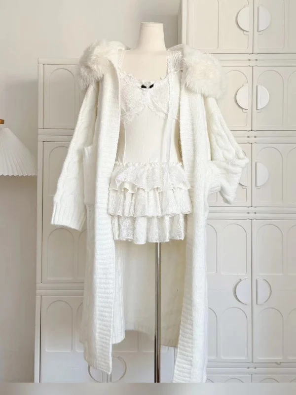 Creamy White Long Cardigan Sweater Set Velvet Chenille Corduroy