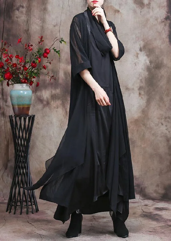 French Asymmetric Flowy Black Chiffon Cardigan Oversized Coats Handmade Hand-knitted Hand-woven