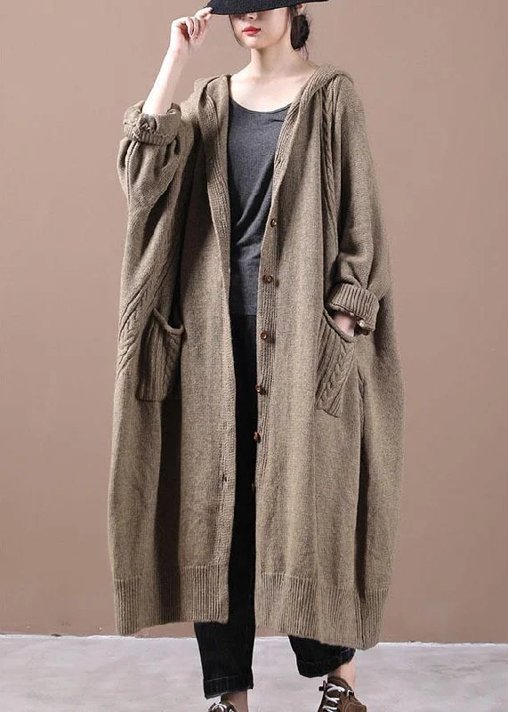 Women Khaki Button Pockets Fall Long Cardigans Coat Stretchy Elastic Breathable