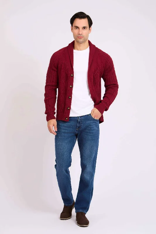 Men Regular Fit Cardigan - Red Knit Fabric Woven Fabric Fleece Fabric