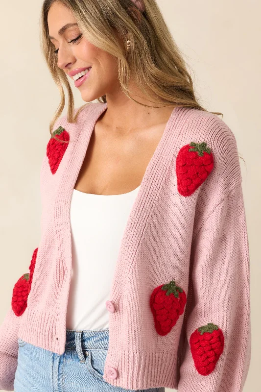 Strawberry Kiss Light Pink Knit Cardigan Elegant Classic Vintage