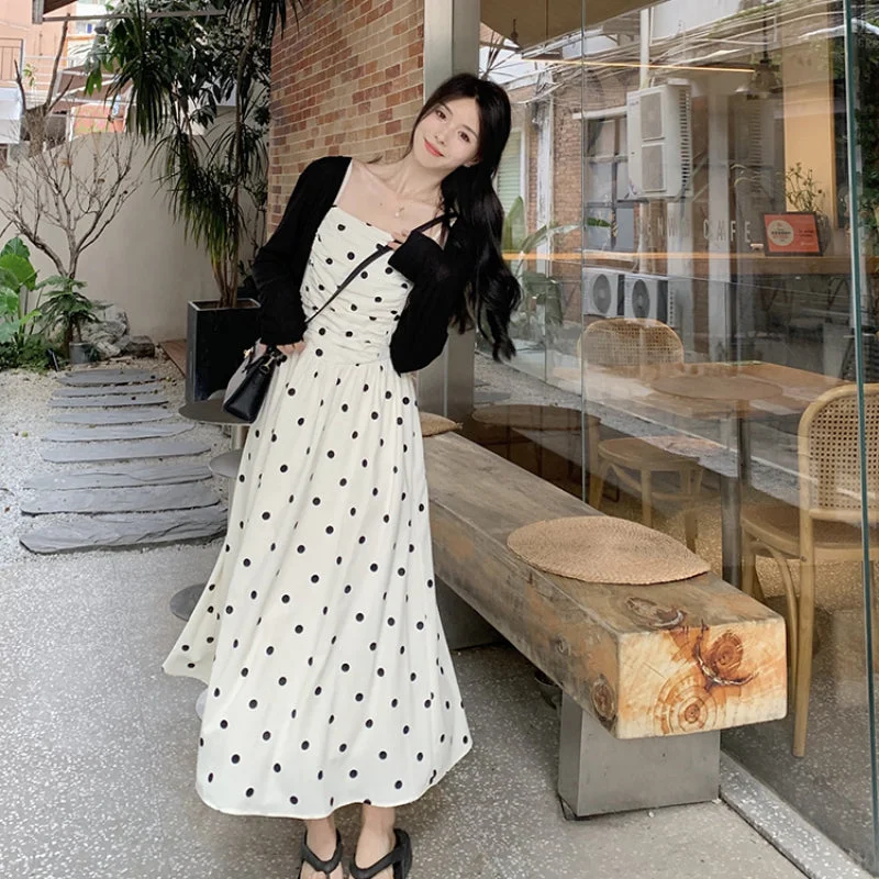 French polka dot strap dress, cardigan set, popular 2023 dress for women's summer LL-545 Solid Color Striped Floral Print