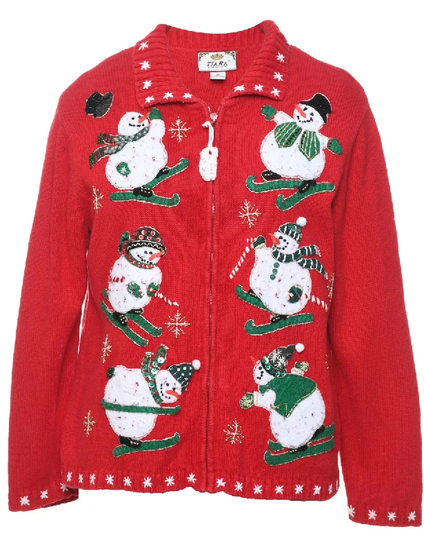 Snowman Christmas Cardigan - M Real Fur Shearling Chenille