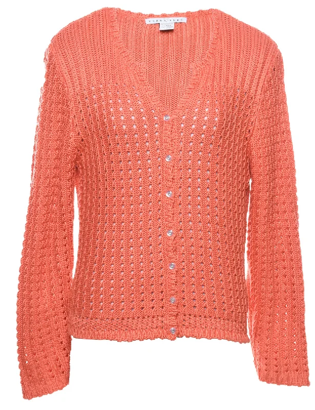 Button Through Coral Cardigan - L Houndstooth Herringbone Solid