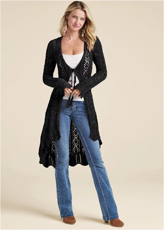 Long Tie Front Crochet Cardigan - Black Transparent Opaque Sheer