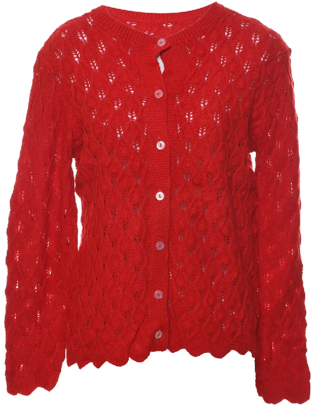 Red Crochet Cardigan - L Boat Neck Shawl Collar Notched Collar