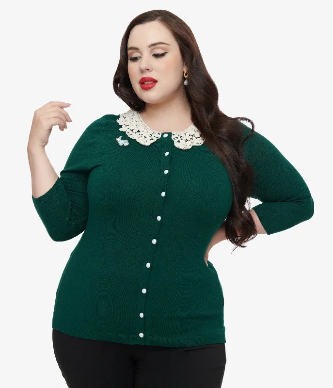 The Golden Girls x Unique Vintage Plus Size Green & White Lace Sophia Bookworm Cardigan Welt Pockets Slit Pockets Flap Pockets
