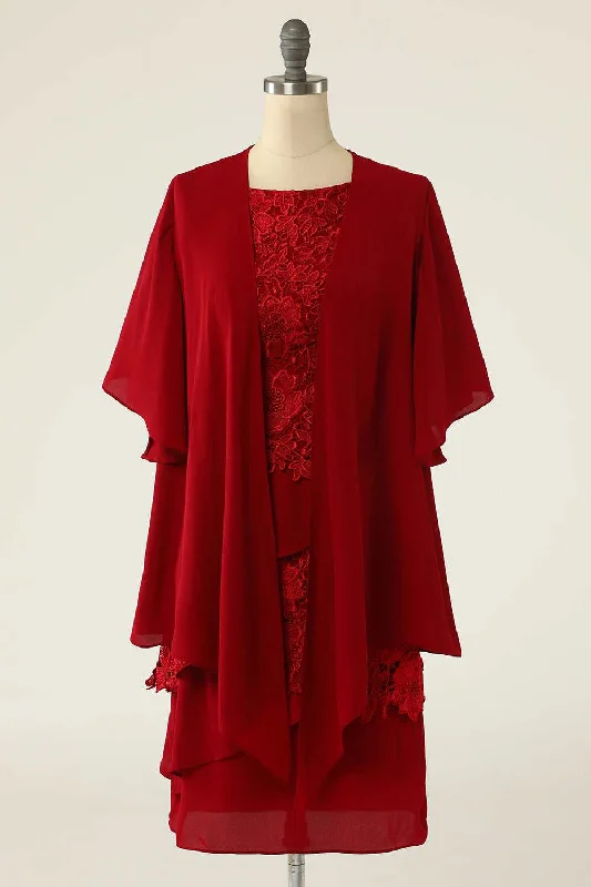 Two-Piece Red Lace Short Mother of the Bride Dress with Snap Cardigan Real Fur Shearling Chenille