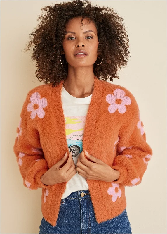 Daisy Eyelash Cardigan - Neon Orange Toggled Drawstring Belted