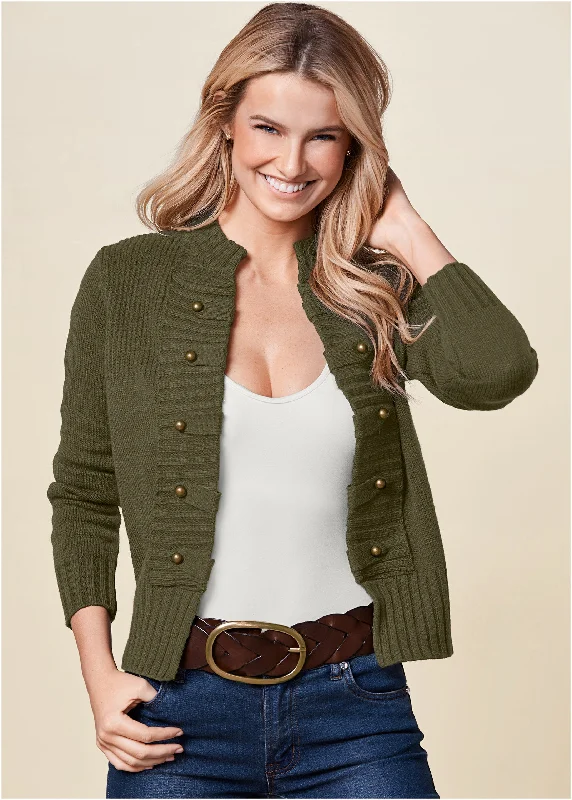 Tab Button Detail Cardigan - Olive Chenille Blend Fleece Blend Nylon Blend