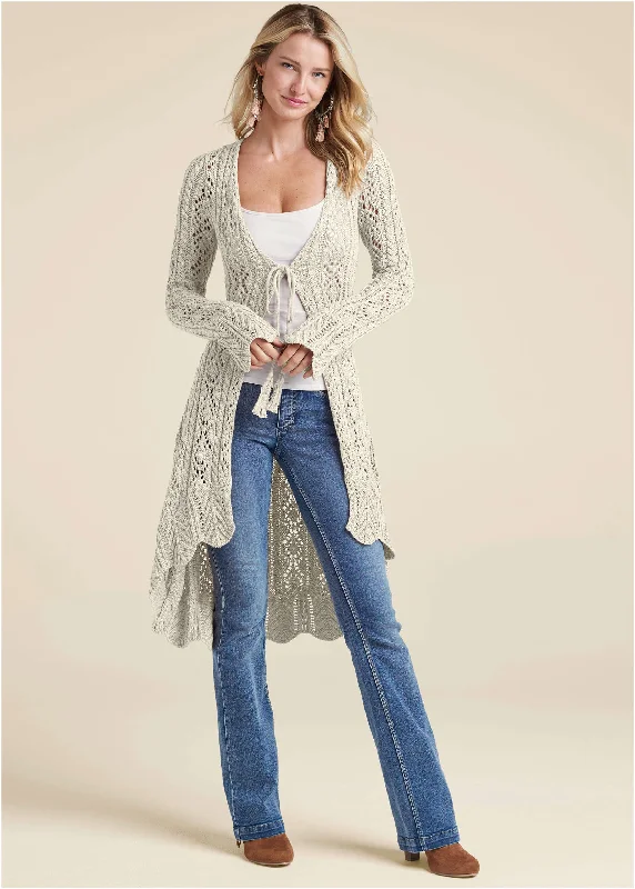 Long Tie Front Crochet Cardigan - Cream Notch Collar Peter Pan Collar Cowl Neck