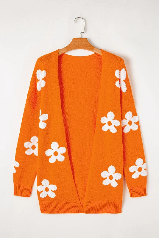 Floral Knitted Open Front Loose Cardigan Button Cardigan Zip Cardigan Pullover Cardigan
