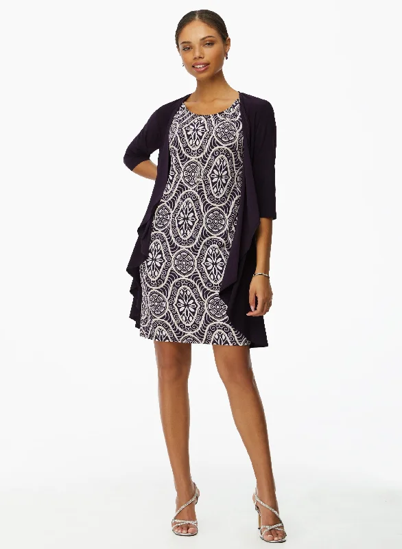 Medallion Print Dress & Cardigan Set Stylish Fashionable Trendy