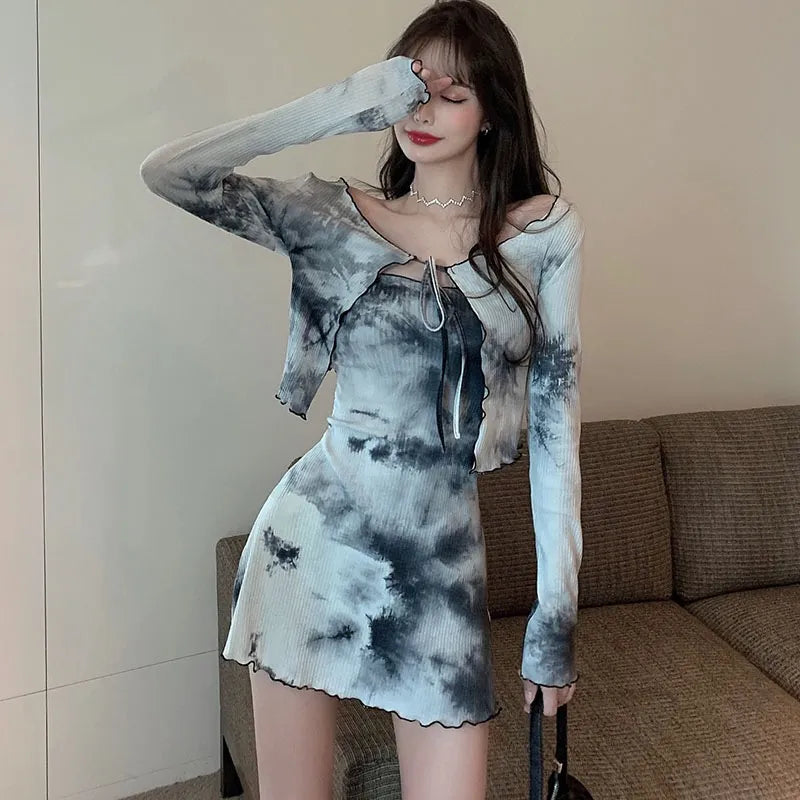 Getadme-2pcs Set Autumn  Tie-dye Design Sense Tube Top Dress Women Fashion Cardigan Top Two-piece Suit Mesh Cardigan Canvas Denim