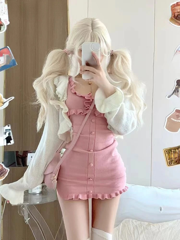 Getadme-Y2K Clothes 2 Piece Sets Womens Outfits Cropped Sweater Cardigan Coat Backless Ruffles Bodycon Mini Dress Suit Knit Korean Set Chenille Brocade Lace