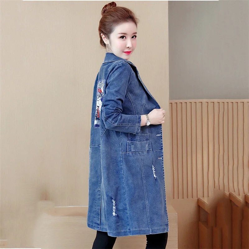 2020 New Fashion Long Denim Trench Coats Spring Autumn Women's Clothing Casual Plus Size BF Cardigan Windbreaker Overcoat B39 Cotton Fabric Linen Fabric Terry Fabric