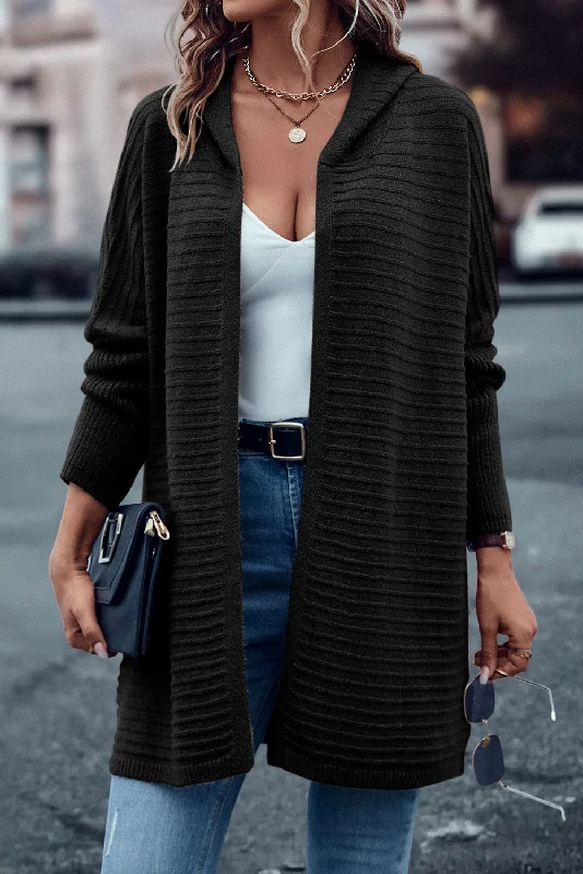 Black Ribbed Knit Hooded Cardigan for Stylish Autumn Layering Chenille Fabric Brocade Fabric Lace Fabric