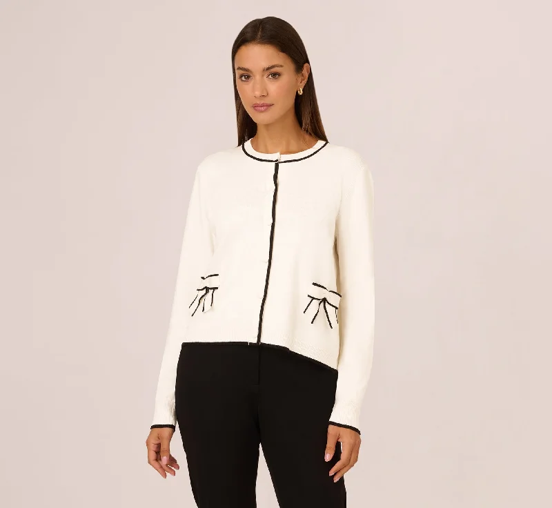 Crew Neck Tipped Bow Pocket Cardigan Sweater In Ivory Black Tailored Straight A-Line