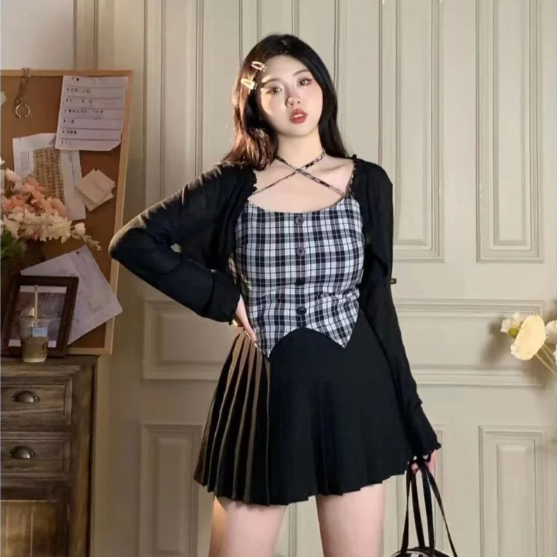 Cool girl dress oufit design sense cardigan + suspenders + skirt three-piece set  LL-065 Chenille Fabric Brocade Fabric Lace Fabric