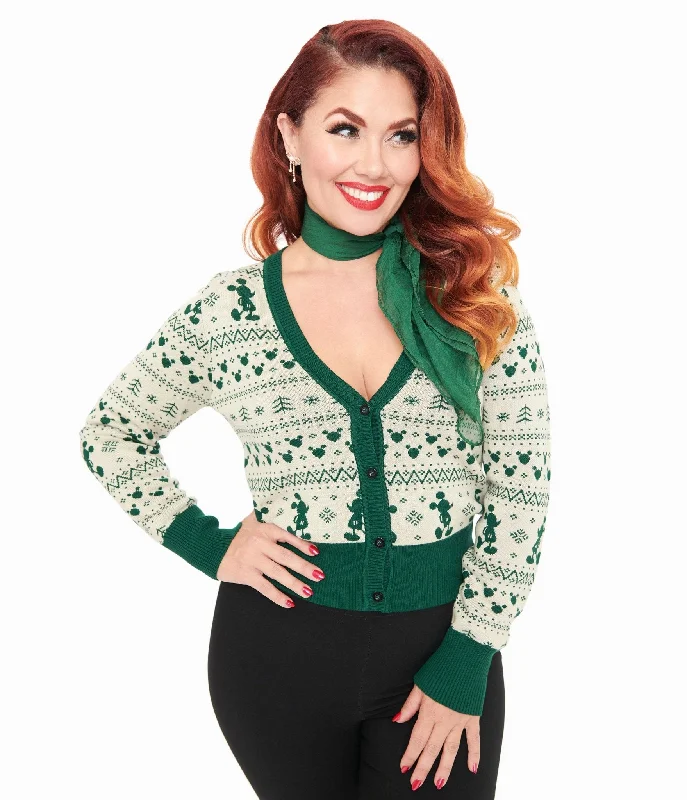 Disney Holiday Collection by Unique Vintage Green Mickey Fair Isle Jacquard Sweater Cardigan Fleece Fabric Down Fabric Feather Fabric