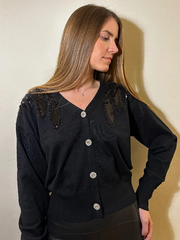 Cardigan with crystal buttons and black sequined shoulders Spandex Blend Rayon Blend Denim Blend