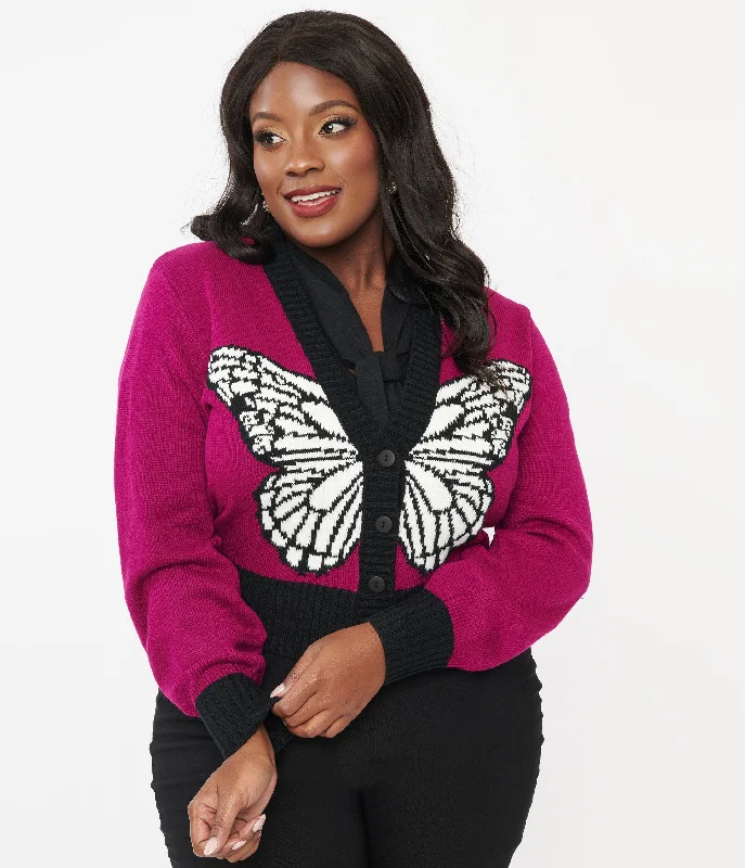 Unique Vintage Plus Size 1950s Purple Butterfly Sweater Cardigan Fitted Loose Oversized