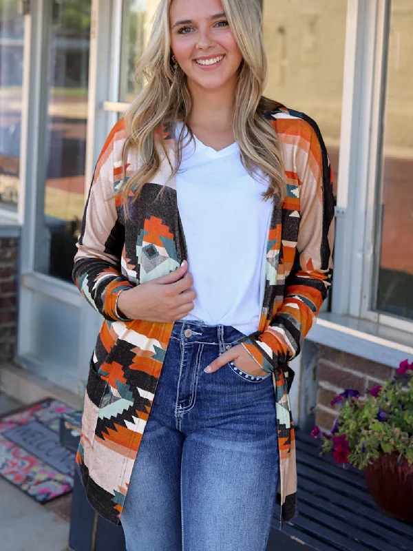 Orange Tribal Aztec Print Western Cardigan Cable Knit Ribbed Knit Lace Knit
