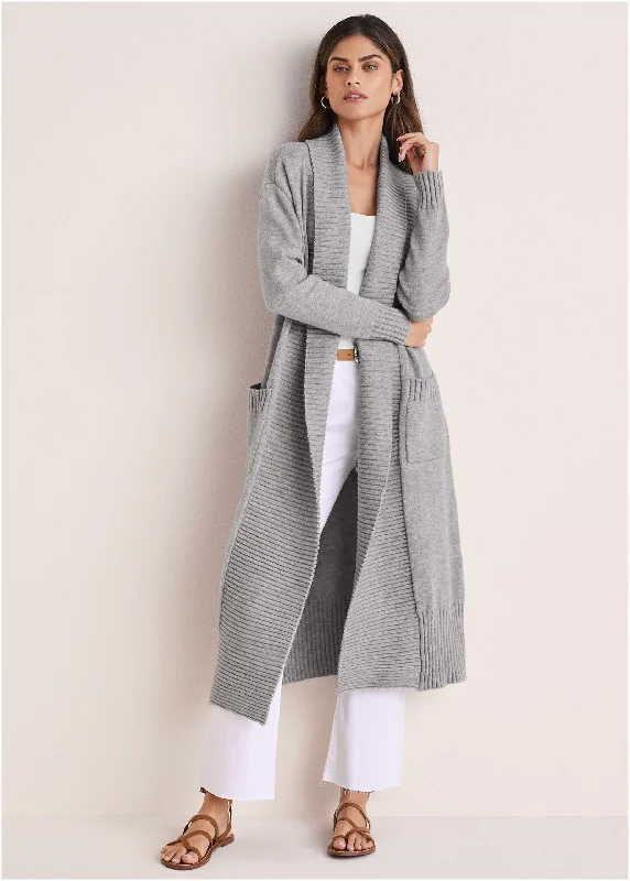 Cardigan Duster - Medium Heather Grey Spandex Blend Rayon Blend Denim Blend