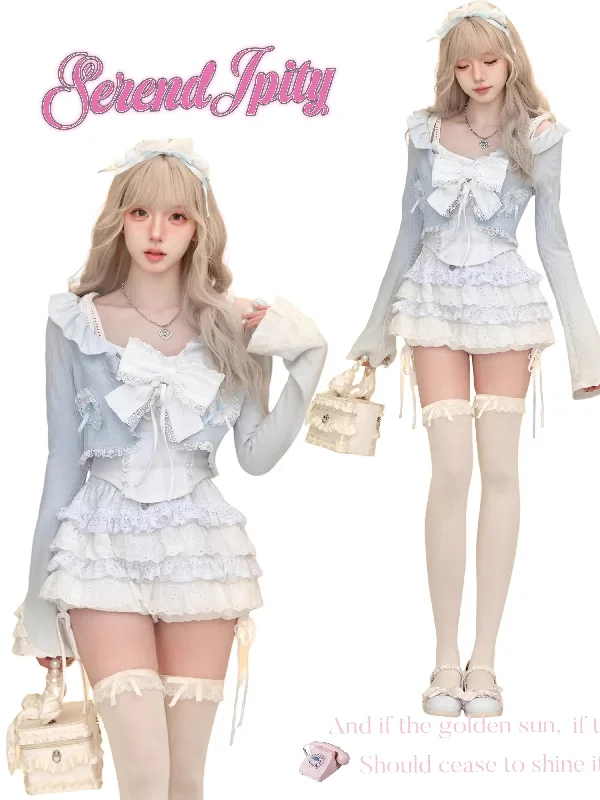 Fresh and sweet milky blue sweater set (cardigan + suspenders) Casual Formal Business