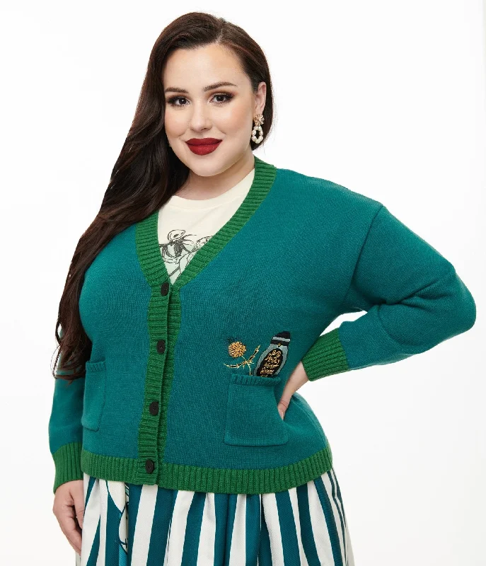 Tim Burton's The Nightmare Before Christmas by Unique Vintage Plus Size Teal Deadly Night Shade Cardigan Zippered Front Buttoned Front Snap Front