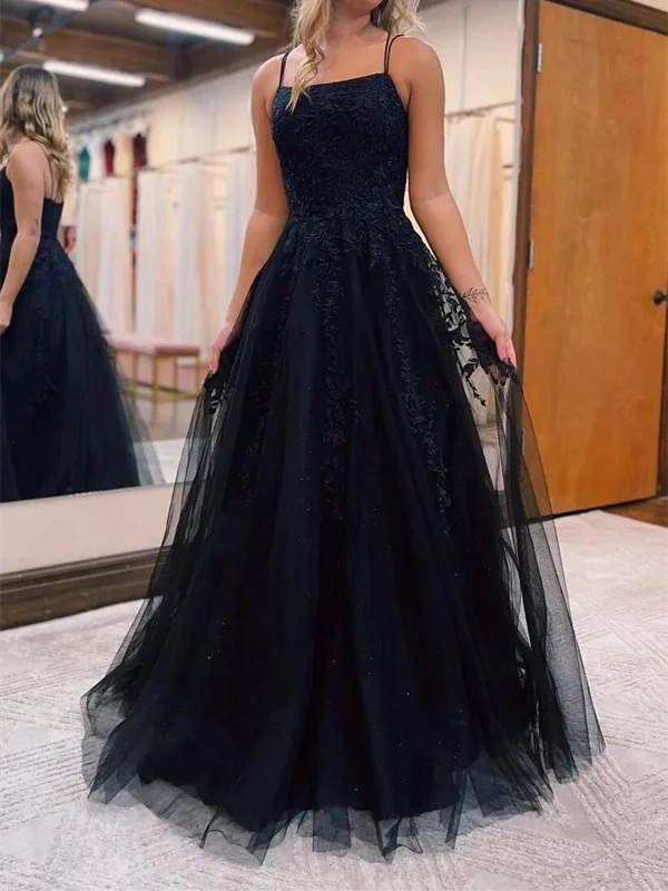 A Line Black Tulle Lace Long Prom Dress, Black Lace Evening Party Dress Tunics Fashionable trendy