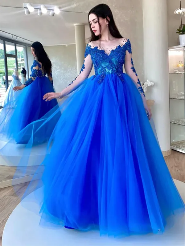 A Line Blue Tulle Lace Long Sleeves Long Prom Dresses, A Line Blue Tulle Lace Long Sleeves Long Formal Evening Dresses Tunics Occasion special