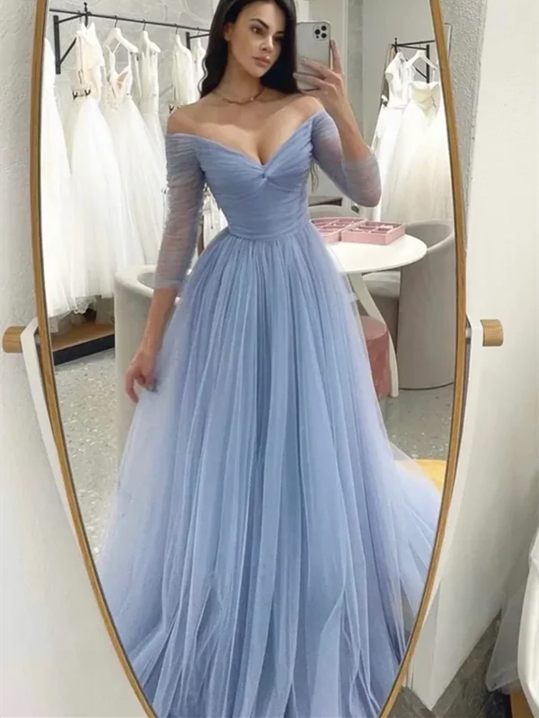 A Line Blue Tulle Long Prom Dresses, A Line Blue Tulle Long Formal Evening Dresses Tunics Versatile stylish